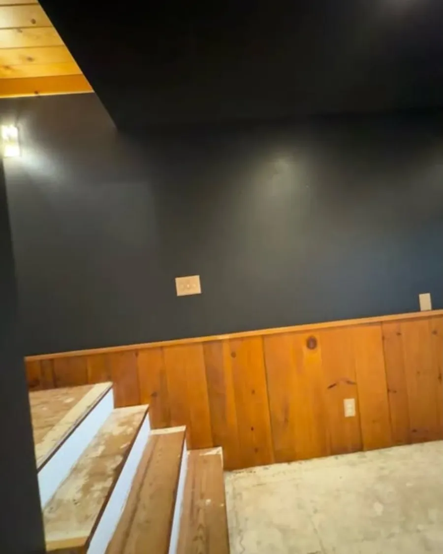 Charcoal walls above warm wood paneling