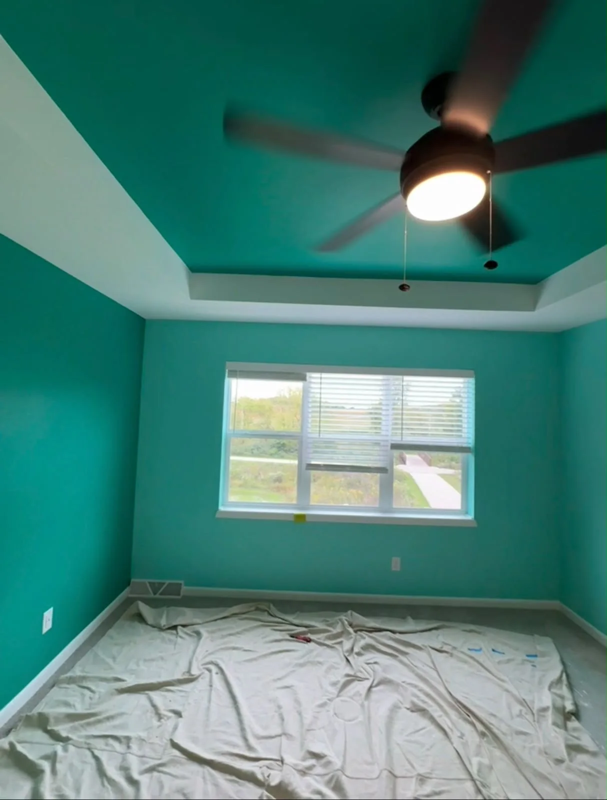 Bedroom with teal walls and ceiling, white tray ceiling trim and a ceiling fan